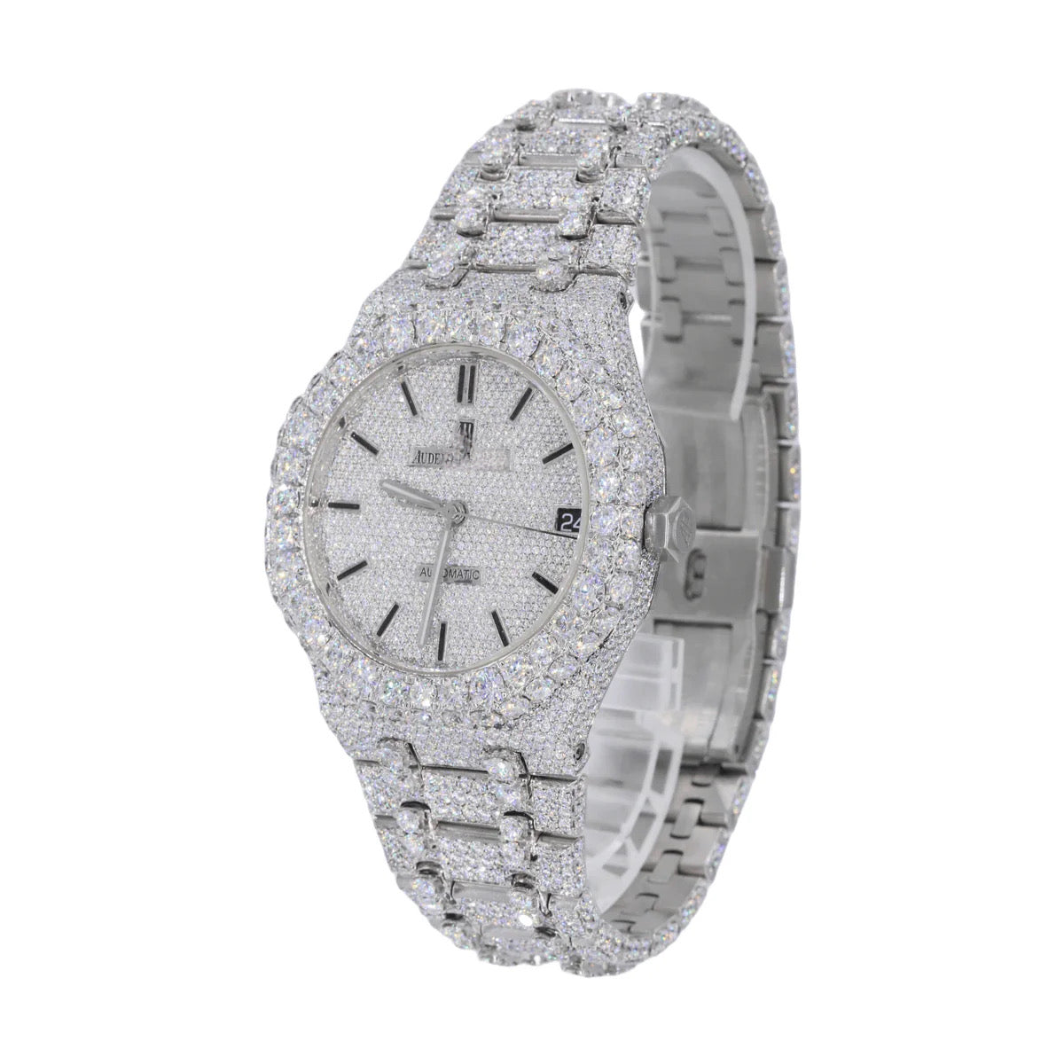 AP STAINLESS STEEL 41MM MOISSANITE DIAMOND WATCH 25CT STUDDED BAND - My Store