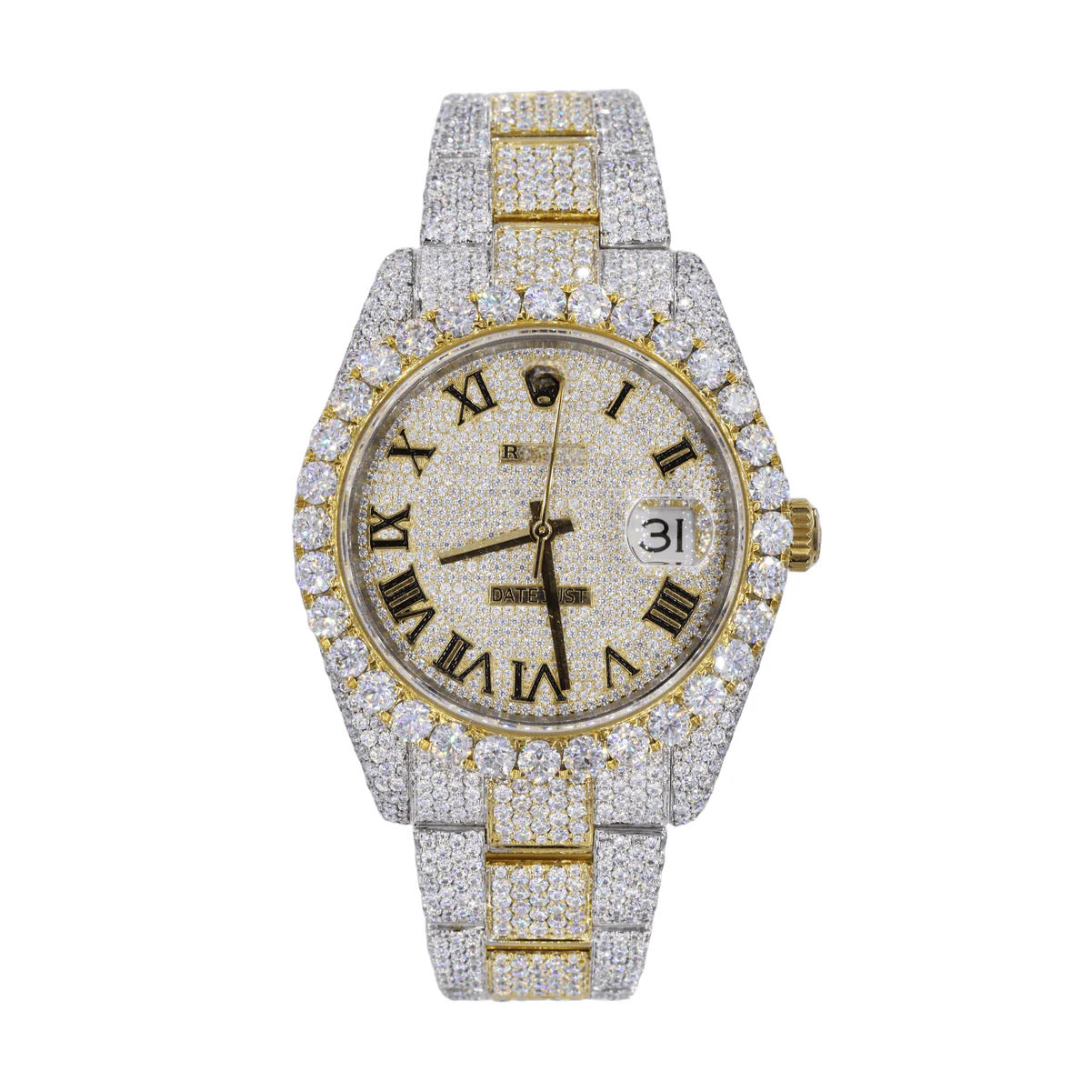 41MM MOISSANITE DIAMOND BIG STONE BEZEL TWO-TONE WATCH 22CT - My Store